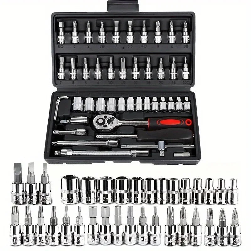 46-tlg. Kfz-Werkzeug-Set – Steckschlüssel, Bits & Ratsche im Koffer
Set di attrezzi auto 46 pezzi – Inserti, chiavi e cricchetto con valigetta