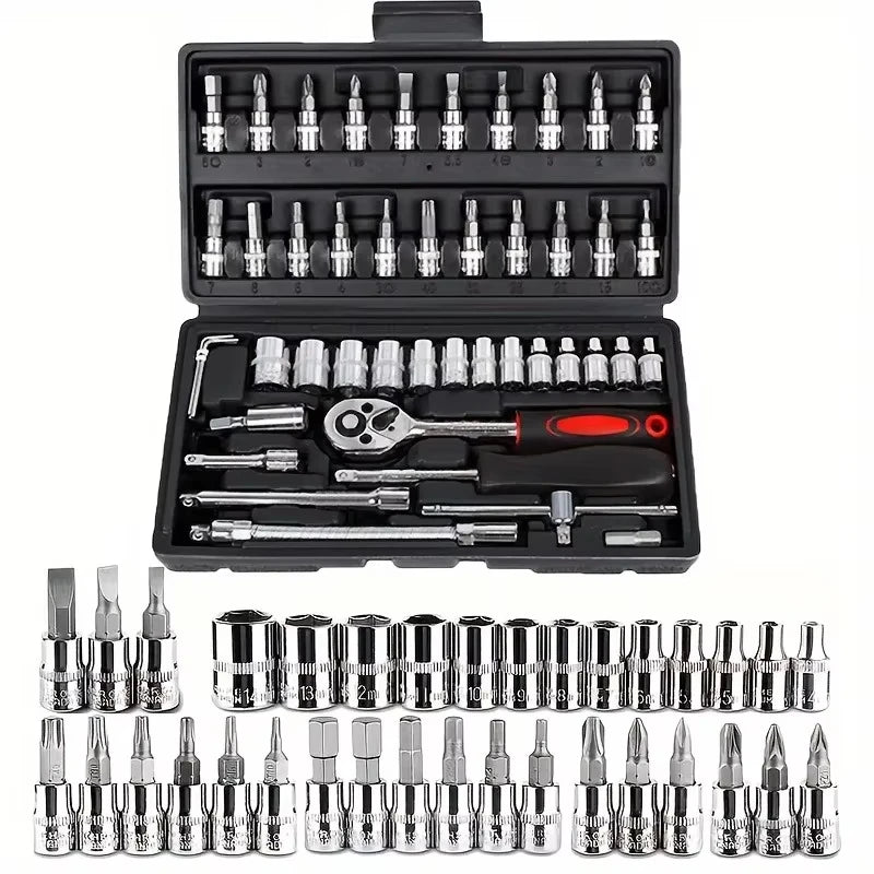 46-tlg. Kfz-Werkzeug-Set – Steckschlüssel, Bits & Ratsche im Koffer
Set di attrezzi auto 46 pezzi – Inserti, chiavi e cricchetto con valigetta